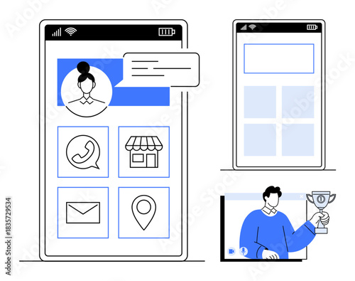 Mobile app user interface showcasing profile picture, contact options, location icon, store icon, and messaging bubble. Additional visuals include a person holding a trophy. Ideal for app