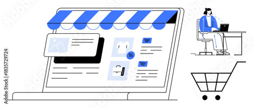 E-commerce concept. E-commerce ed by a digital storefront, shopping cart, and customer support elements. E-commerce trends, online retail, customer service, and business innovation