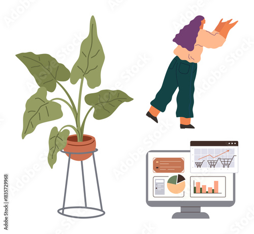 Potted plant beside a person analyzing digital graphs on a computer screen highlights growth, tech, learning. Ideal for environmental awareness, digital marketing, analytics, work-life balance