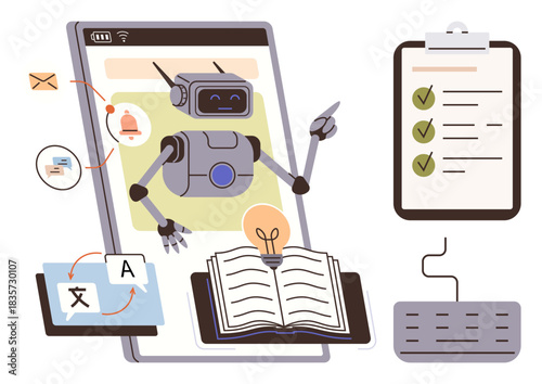 Robot interacting with digital elements thumbs up translation tools, checklist, open book, keyboard, lightbulb. Ideal for automation, education, productivity, innovation AI technology multitasking