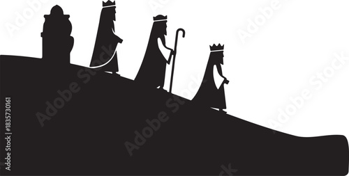 Silhouette of Three Kings Processing Up a Hill on White Background wise men nativity