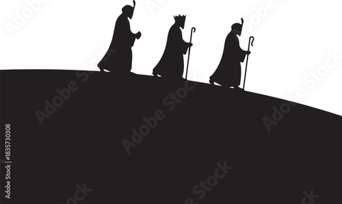 Three Wise Men Silhouettes Walking Over Hill on White Background kings magi