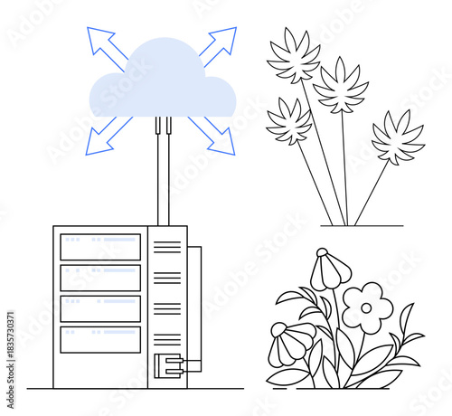 Cloud technology, data storage, environmental tech, nature integration, digital solutions, sustainable IT. Server directing data to cloud with arrows, surrounded by floral designs. Cloud technology