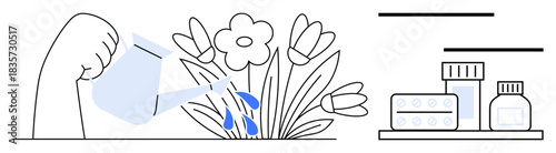 Hand watering blooming flowers with a jug conveys care and growth, paired with medicine bottles and pills symbolizing healing. Ideal for wellness, health, balance, growth, self-care, recovery, simple