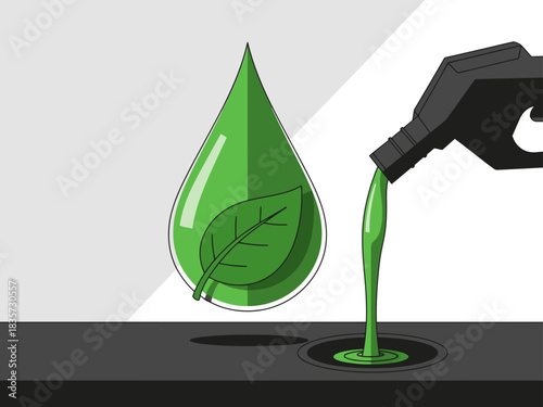 Eco-friendly fuel pours into a tank, symbolizing sustainability. A green leaf and droplet visually represent ?Eco Fuel? with a modern, clean design. Ideal for environmental or energy-related content.
