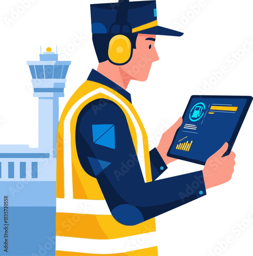 An airport controller analyzes data on a tablet, showcasing smart technology and efficient operations. Modern, professional, and visually appealing for business and aviation themes.