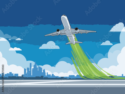 An airplane ascends, leaving a green contrail against a blue sky with clouds and a city skyline. Illustrative style, clean design, promoting clean skies.