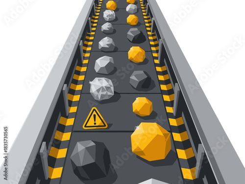 A dynamic, geometric obstacle course with orange and gray blocks. A warning sign adds visual interest. Clean, modern design with a focus on flow and challenge. Suitable for tech or gaming themes.