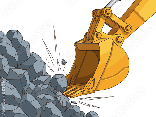 excavator powerfully breaks through large rock pile showcasing raw power and construction Dynamic action shot with a gritty texture and bold colors Ideal for industrial or strength-related themes