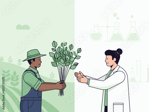 A farmer presents a bouquet to a scientist, symbolizing collaboration between agriculture and research.  A vibrant, modern illustration showcasing innovation and sustainability.