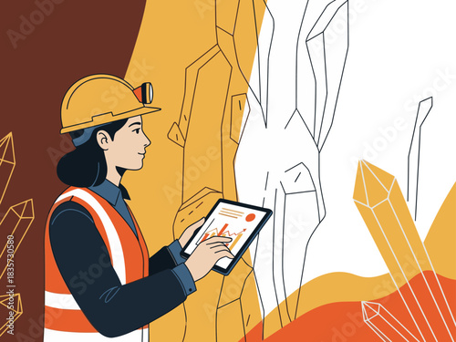 geologist analyzes data using a tablet in a dramatic cave setting The image showcases a data-driven approach with a modern professional feel Bold colors and sharp lines