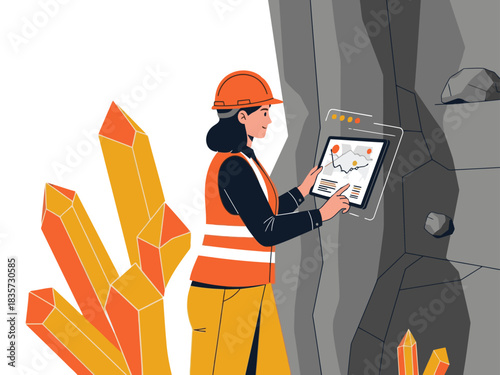 A female geologist analyzes data on a tablet while exploring a rocky cliff face. Data visualization highlights key insights. Modern, professional, and data-driven.