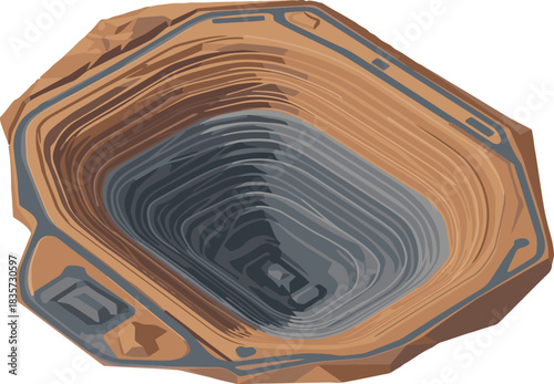 Isometric view of a mine shaft, showcasing geological layers and a dark interior.  A detailed, textured illustration perfect for business, technology, or science themes.