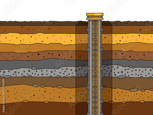 Illustration depicts deep drilling rig penetrating layered earth strata A clear detailed cross-section showcases diverse geological formations Suitable for science engineering and geology themes