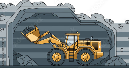 A yellow mining truck operates within a mine tunnel.  Modern mining equipment and rock formations create a dynamic, industrial scene.  Illustrative style, 2025 vision.