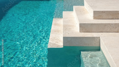 Modern geometric pool steps descend into bright turquoise, clear water
