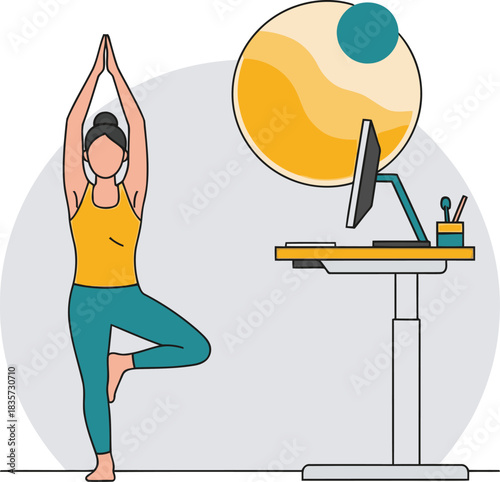 A woman practices yoga near a standing desk with a computer. Balancing wellness and work, this image promotes a healthy lifestyle and productivity. Modern, bright, and visually appealing.