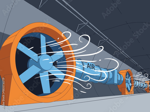 stylized illustration showcases a powerful ventilation system within a tunnel emphasizing safety and airflow Bold orange and blue colors create a dynamic visual