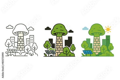 Sustainable City Tower. Sustainable cityscape with central mycelium brick tower as green landmark, first in line style with thin