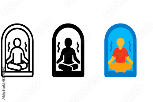 Silent Reflection Pods. Person seated cross-legged inside enclosed pod designed for silent reflection, first in line style with