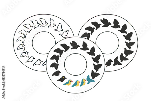 Zoetrope Bird Motion. Minimalist bird motion frames arranged in zoetrope disc pattern, first in line style with thin outline,