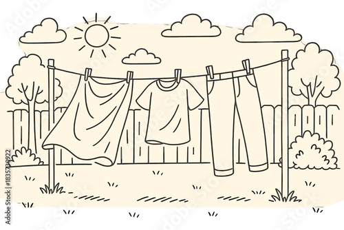 Colorful Laundry Day. Sunny backyard scene featuring stretched clothesline, pins, and softly rippling laundry, first in line style