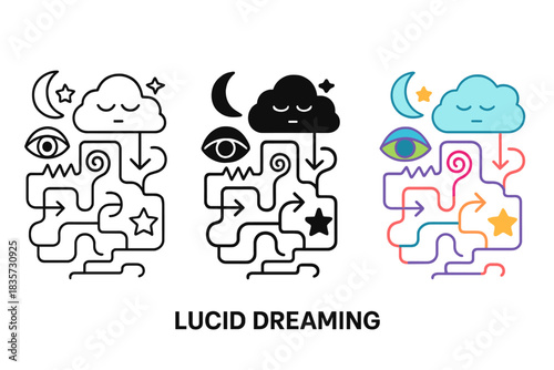 Lucid Dream Pathways. Atlas spread filled with abstract symbols and pathways of lucid dreaming, first in line style with thin