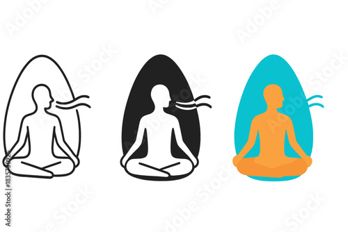 Meditative Silhouette Styles. Human silhouette meditating inside pod with flowing lines representing calm breath, first in line