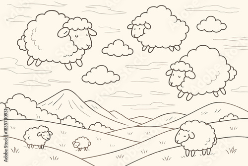 Sheep Wool Clouds. Fantasy landscape where sheep wool clouds drift across pastel sky, first in line style with thin outline,