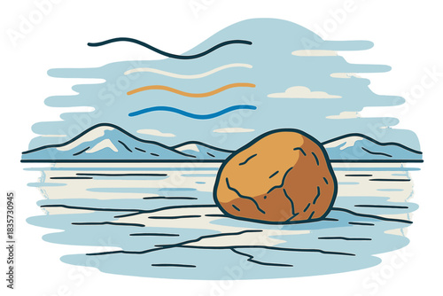 Lone Erratic on Icefield. Scenic view of lone erratic on icefield with floating poetic lines in air, first in line style with thin