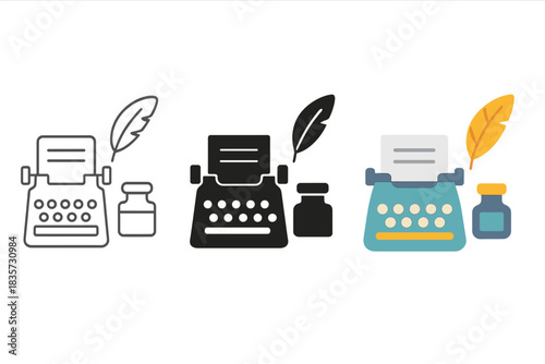 Typewriter, Ink, Feather. A typewriter, an ink bottle, a feather, first in line style with thin outline, second in solid style