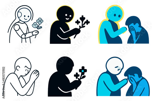 Robotic Comfort Gesture. Robot with soft glowing aura offering digital flowers to a grieving human, gentle minimal vector design,