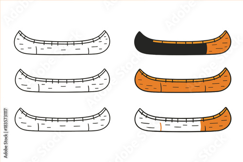 Birch Canoe Designs. Side view of a traditional birch bark canoe with subtle texture, simple minimalist vector design, first in