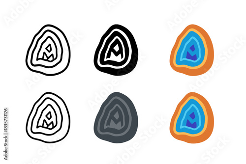 Geode Vector Icons. Geode split lengthwise showing layered crystalline structure, clean minimalist vector icon, first in line