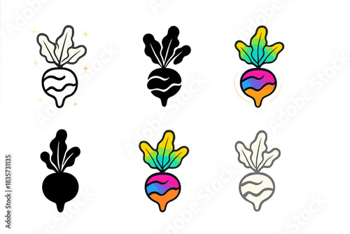 Colorful Tuber Icons. Colorful psychotropic tuber with subtle glowing aura, simple minimal icon, first in line style with thin