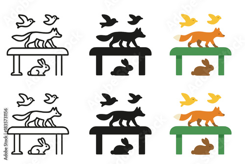 Wildlife Path. Elevated wildlife path with birds, foxes, and rabbits moving safely, abstract minimal vector design, first in line