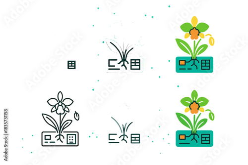 Digital Orchid Interface. Parasitic orchid growing on digital plant interface with glowing data strands, clean geometric minimal