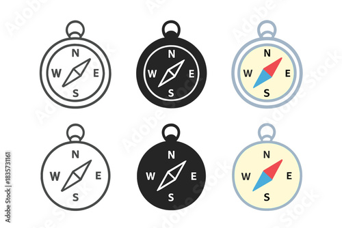 Minimal Compass Designs. Basic hand-held compass with circular frame and directional markers, simple minimal vector design, first
