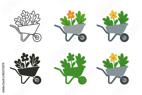 Garden Wheelbarrow Designs. Wheelbarrow with garden flowers and leafy greens arranged neatly, minimal vector design, first in line
