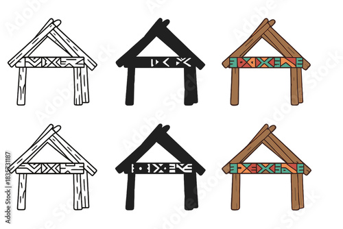 Tribal Wood Shelter Design. Tribal scrap wood shelter with decorative patchwork beams, minimal vector design, first in line style