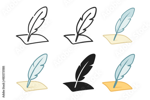 Stylized Feather Designs. Gull feather with sharpened tip resting on parchment, abstract minimal vector design, first in line