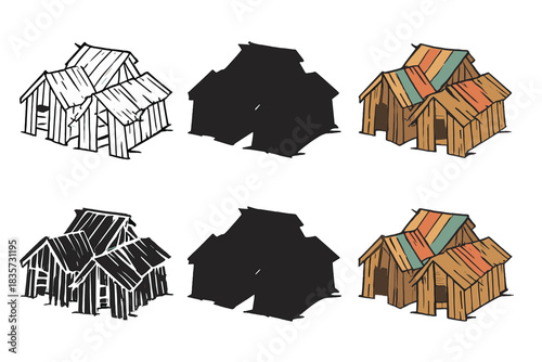 Rustic Timber Shelters. Cluster of rustic wooden shelters made from reclaimed timber, abstract minimal vector design, first in