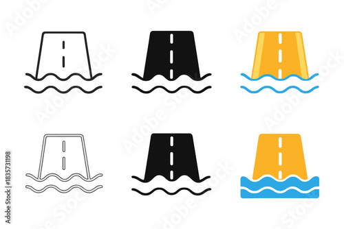 Road Minimal Vector Icons. Part of road barely above water with gentle waves, simple minimal vector icon, first in line style with