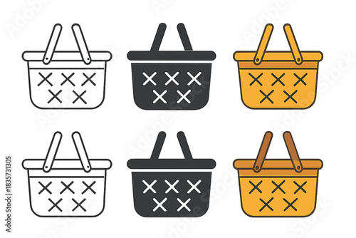 Abstract Picnic Basket Designs. Closed wicker picnic basket with handles and subtle weave details, abstract minimal vector design,