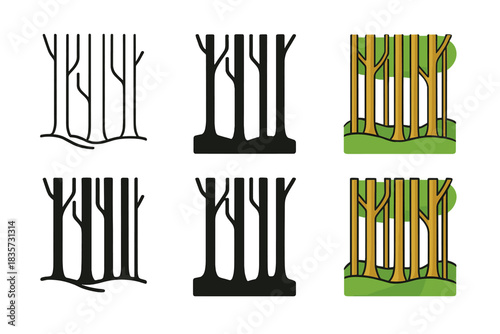 Minimalist Beech Forest Icons. Forest of straight beech trunks with minimal undergrowth, clean geometric minimal icon, first in