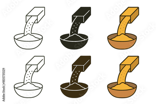 Golden Flour Transformation. Stream of golden flour falling from mill chute into bowl, representing transformation from grain to