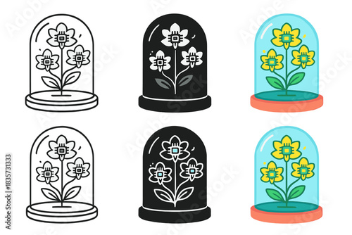 Futuristic Memory Plants. Transparent dome enclosing hybrid memory plants, microchips embedded in petals radiating subtle glow,