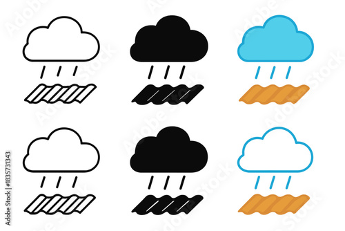 Rainy Cloud Variations. Iconic rainstorm cloud hovering over tin roof pattern, representing contrast of softness and structure,