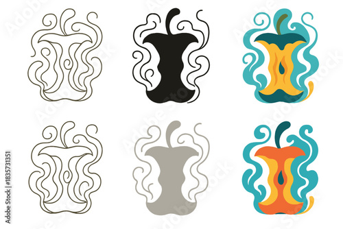 Abstract Apple Essence. Abstract swirling smoke pattern resembling apple core silhouette, visual metaphor for essence and aroma,