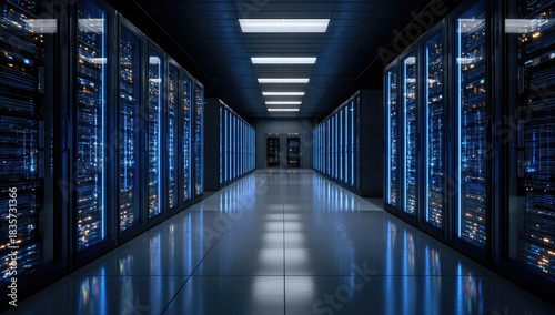 Rows of glowing server racks in a futuristic, dark data center